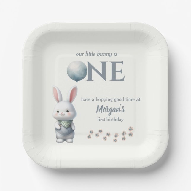 Little Bunny Turning One Blue Boys 1st Birthday Paper Plate (Front)