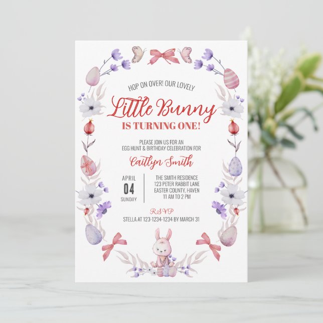 Little Bunny Turns One, Spring Birthday Invitation (Standing Front)