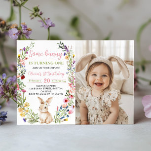 Little Bunny Wildflower Birthday Photo Invitation