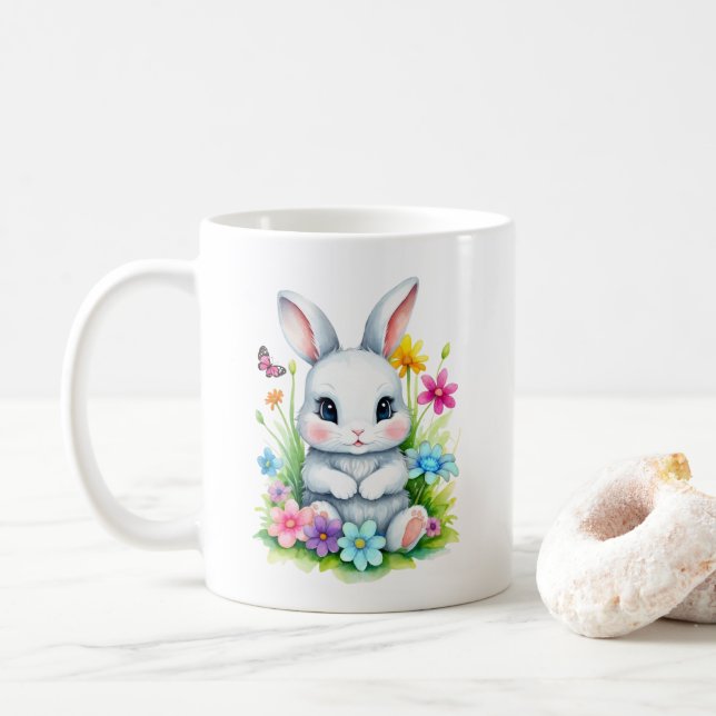 Little Bunny Wildflower Garden Easter  Coffee Mug (With Donut)