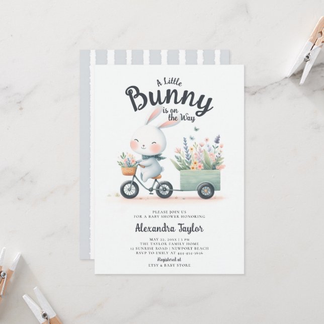 Little Bunny Wildflower Wagon Cute Baby Boy Shower Invitation (Front/Back In Situ)