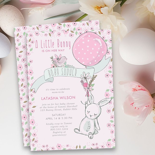 Little Bunny with Balloon Cute Girl Baby Shower Invitation (Girl Baby Shower Invitation from my Little Bunny & Balloon Baby Shower collection)