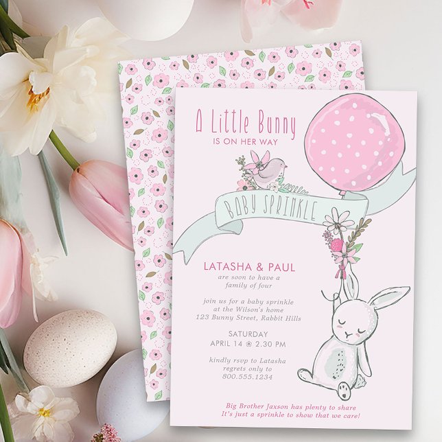 Little Bunny with Balloon Cute Girl Baby Sprinkle Invitation (Girl Baby Sprinkle Invitation from my Little Bunny & Balloon Baby Shower collection)