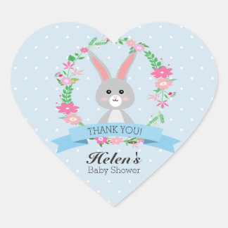 Little Bunny with florals wreath Baby Shower Heart Sticker