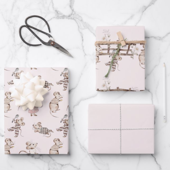 Little Busy Brown Mice Baby Wrapping Paper Sheet (Front)