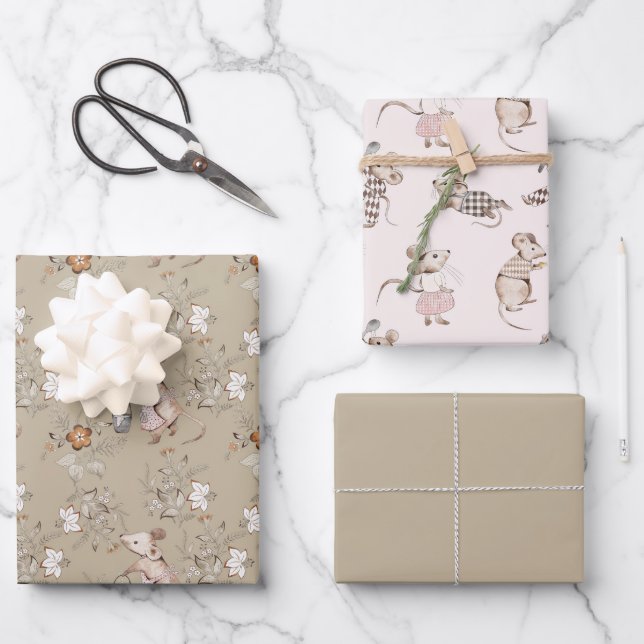 Little Busy Brown Mice Baby Wrapping Paper Sheet (Front)