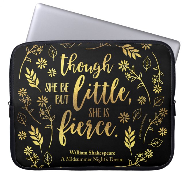 Little But Fierce William Shakespeare Gold Floral Laptop Sleeve (Front)