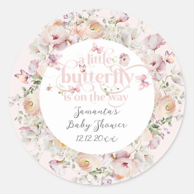 Little Buterfly Blush Pink Floral Girl Baby Shower Classic Round Sticker (Front)