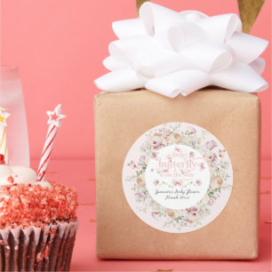 Little Buterfly Blush Pink Floral Girl Baby Shower Classic Round Sticker