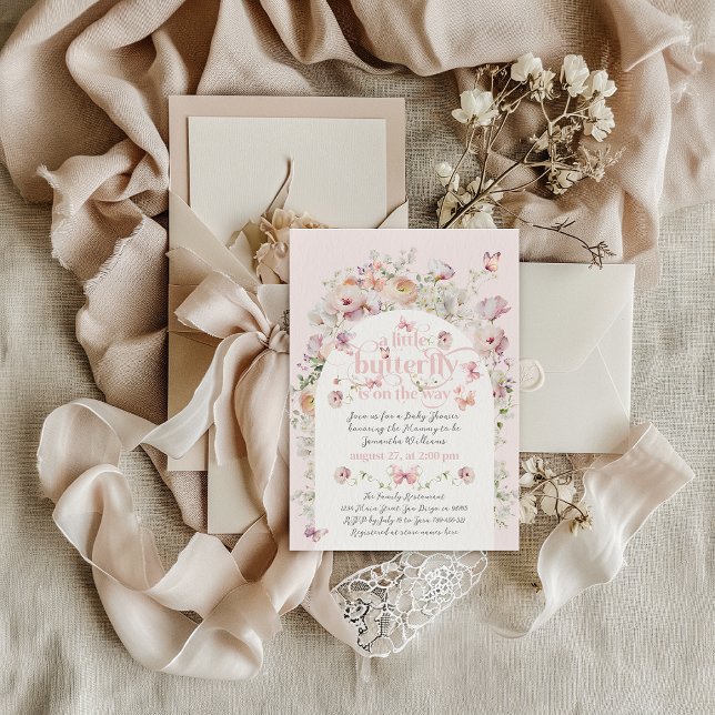 Little Buterfly Blush Pink Floral Girl Baby Shower Invitation (Creator Uploaded)