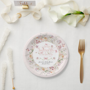 Little Buterfly Blush Pink Floral Girl Baby Shower Paper Plate