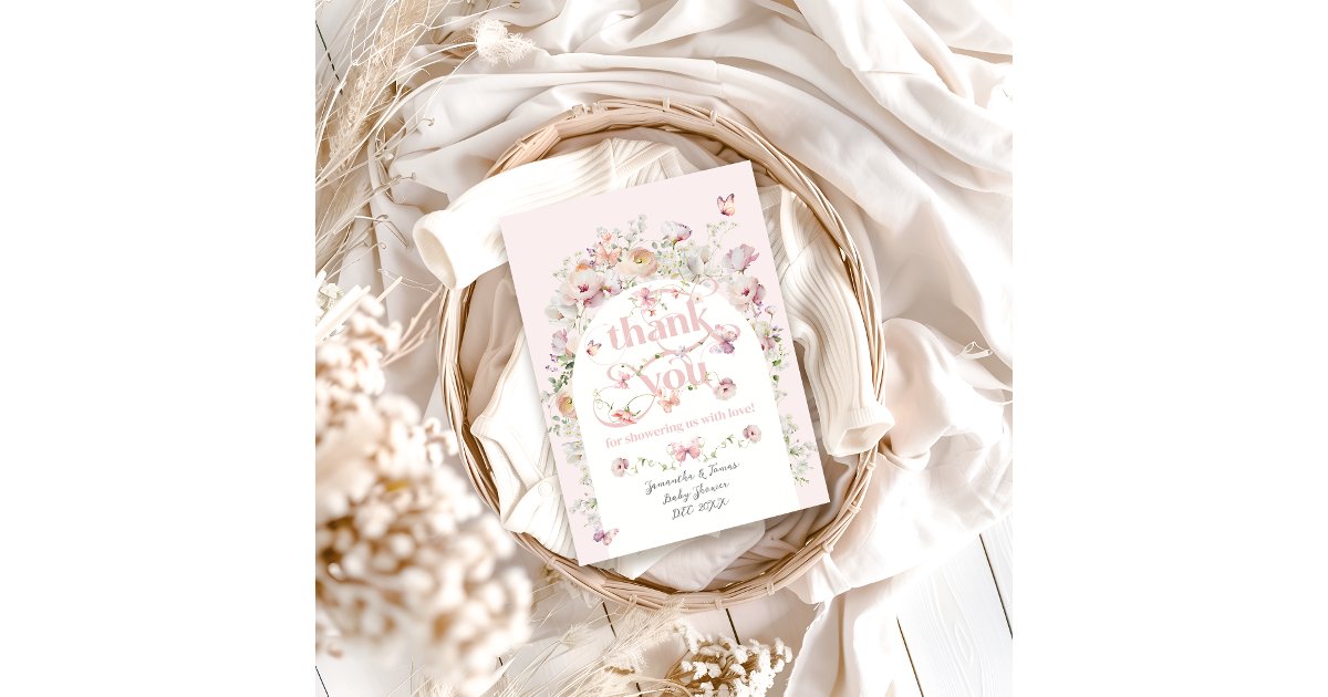 Little Buterfly Blush Pink Floral Girl Baby Shower Thank You Card | Zazzle