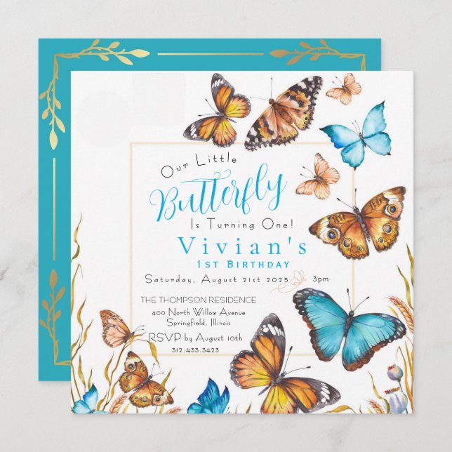 Little Butterfly 1st Birthday Invitation (Front/Back)