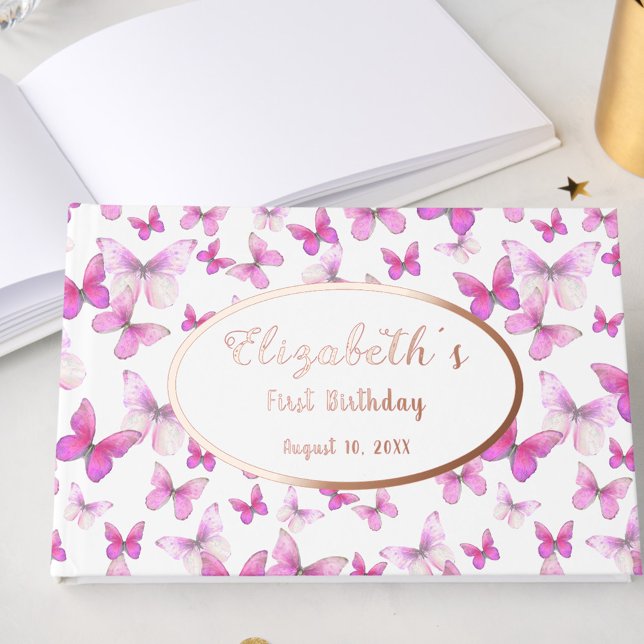 Little Butterfly 1st Birthday Pink Girl Rose Gold Guest Book (Creator Uploaded)