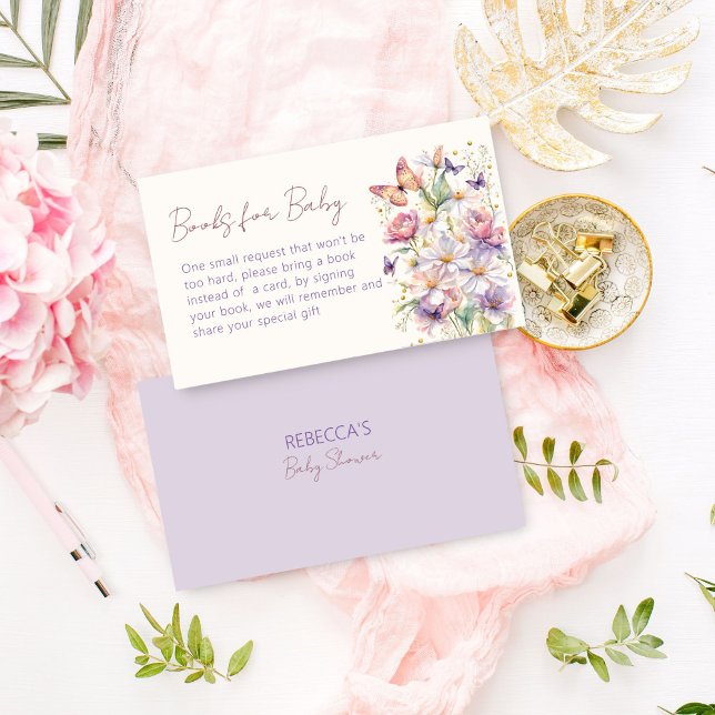 Little butterfly baby shower books request enclosure card (Little butterfly baby shower books request enclosure card spring summer lilac flowers books for baby)