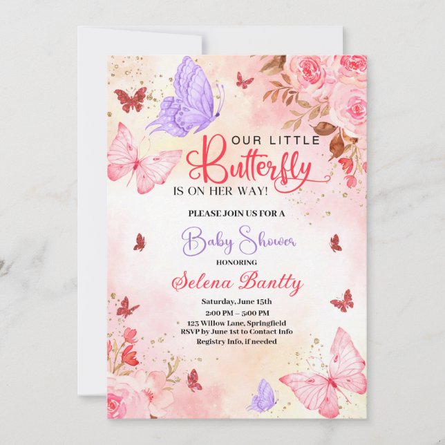 little butterfly baby shower Girl Watercolor Pink Invitation (Front)