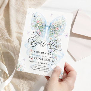 Little Butterfly Blue Bow Baby Shower Invitation