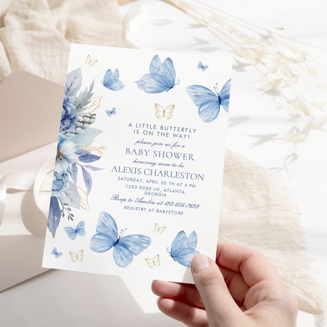 Little Butterfly Blue Flowers Boy Baby Shower Invitation (Creator Uploaded)