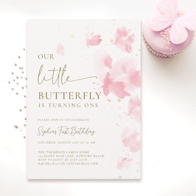 Little Butterfly Blush Watercolor 1st Birthday Invitation (our little butterfly 1st birthday invitation girls pink watercolor one year theme elegant classy)
