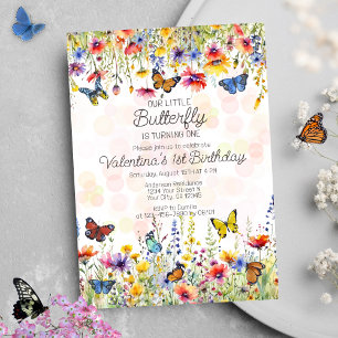 Little Butterfly Colourful Wildflowers Birthday Invitation