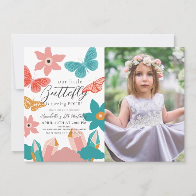 Little Butterfly Crystal Girl Birthday Photo Invitation (Front)