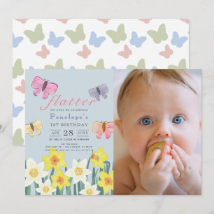 Little Butterfly Daffodil Girl 1st Birthday Photo Invitation