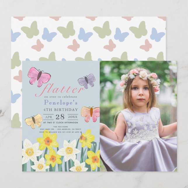 Little Butterfly Daffodil Girl Birthday Photo Invitation (Front/Back)