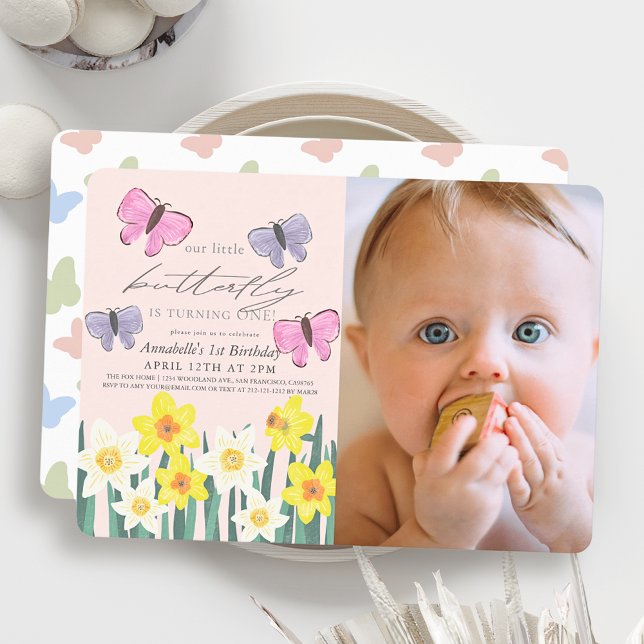Little Butterfly Daffodil Pink Photo 1st Birthday Invitation (Creator Uploaded)