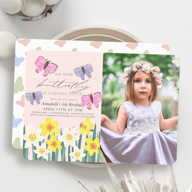 Little Butterfly Daffodil Pink Photo Birthday Invitation (Creator Uploaded)