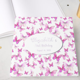 Little Butterfly First Birthday Pink Girl Silver Guest Book