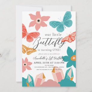 Little Butterfly Floral & Crystal 1st Birthday Invitation