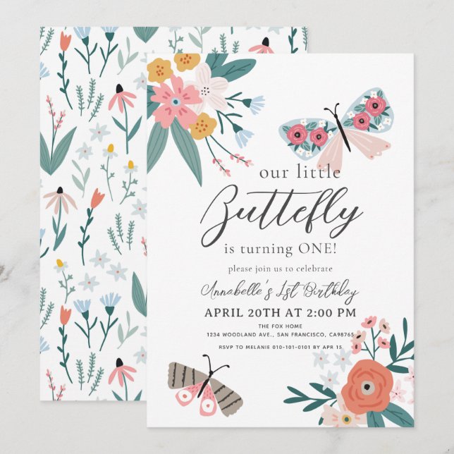 Little Butterfly Floral Girl 1st Birthday Invitation (Front/Back)