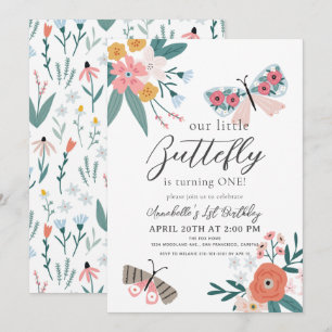 Little Butterfly Floral Girl 1st Birthday Invitation