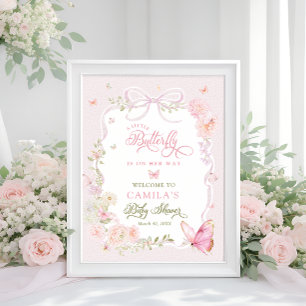 Little Butterfly Floral Girl Baby Shower Welcome  Poster