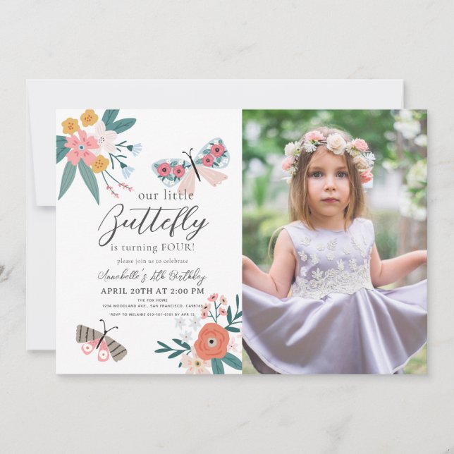 Little Butterfly Floral Girl Birthday Photo Invitation (Front)
