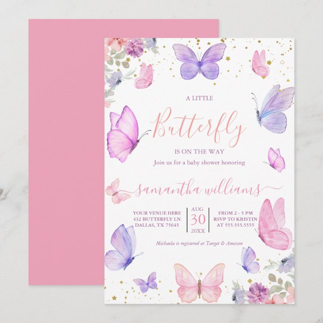 Little Butterfly Flowers Pink Purple Baby Shower Invitation (Front/Back)