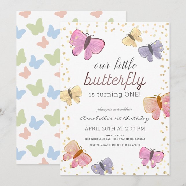 Little Butterfly Girl 1st Birthday Invitation (Front/Back)