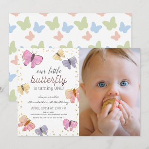 Little Butterfly Girl 1st Birthday Photo Invitation