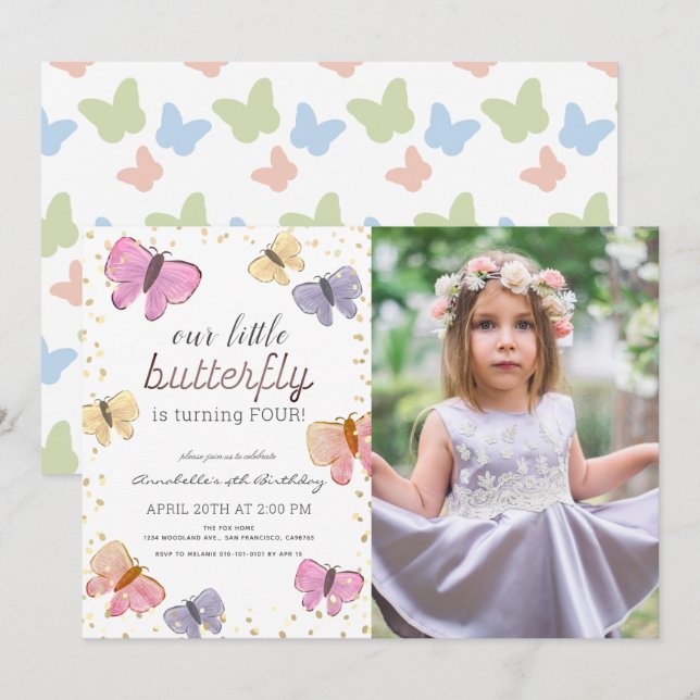 Little Butterfly Girl Birthday Photo Invitation (Front/Back)