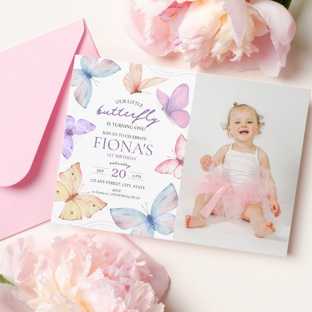 Little Butterfly Girl's 1st birthday Photo Invitation (1st birthday invitation photo, our little butterfly)