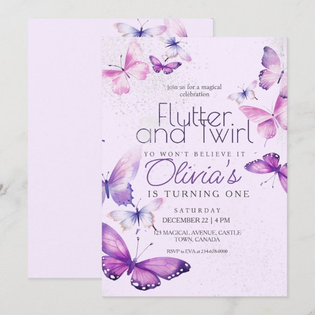 Little Butterfly Girls Purple 1st Birthday Party  Invitation (Front/Back)