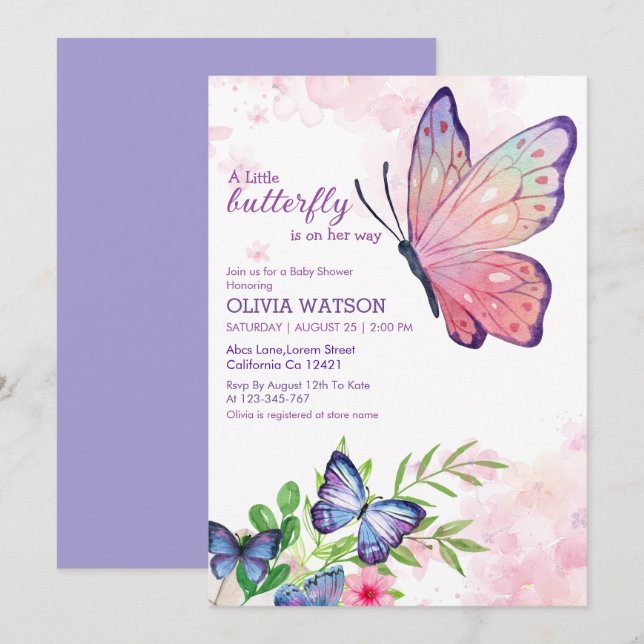 Little butterfly is on her way blue Baby Shower  Invitation (Front/Back)