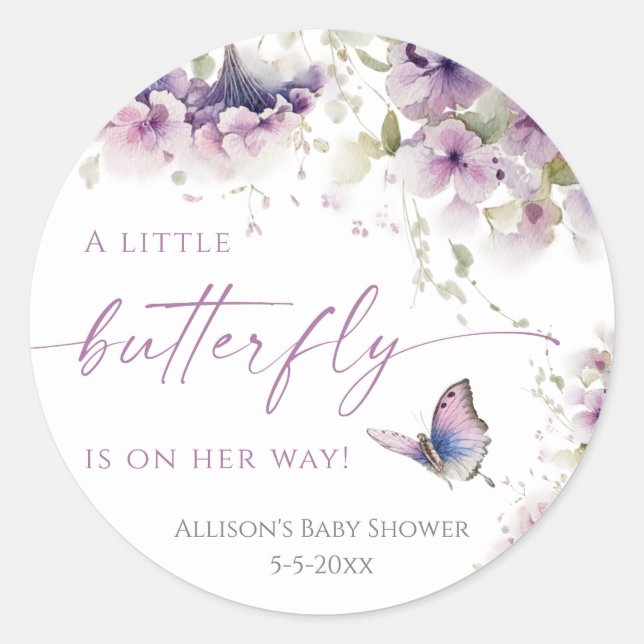 Little butterfly is on the way purple baby shower classic round sticker (Front)