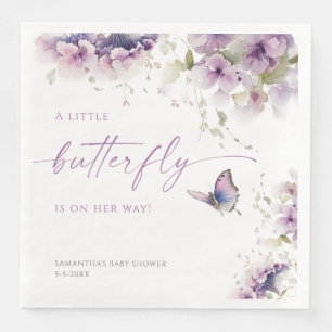 Little butterfly is on the way purple baby shower napkin