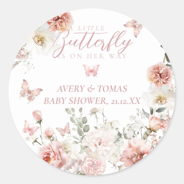 Little Butterfly Pink Floral Baby Girl Shower  Classic Round Sticker (Front)