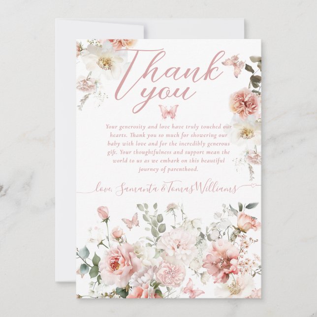 Little Butterfly Pink Floral Baby Girl Shower  Thank You Card (Front)