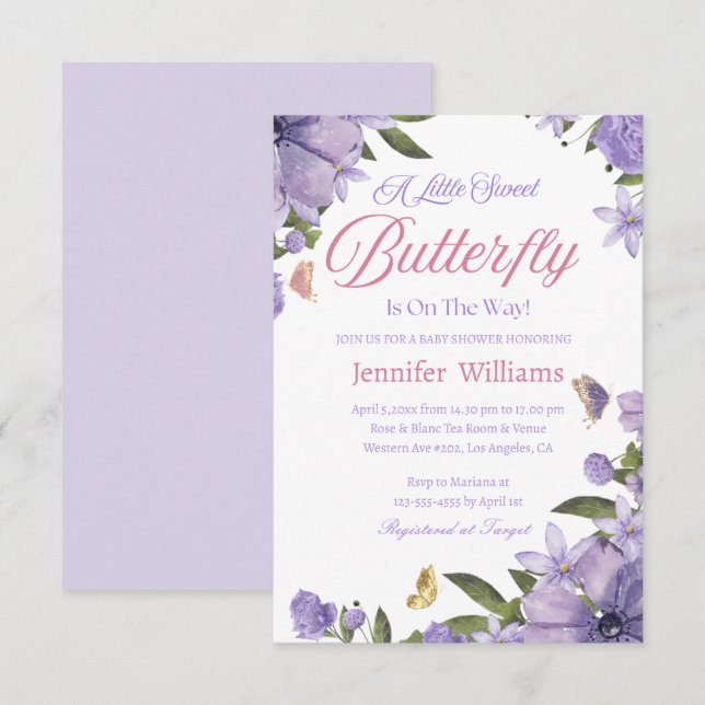 little butterfly pink purple floral baby shower  invitation (Front/Back)