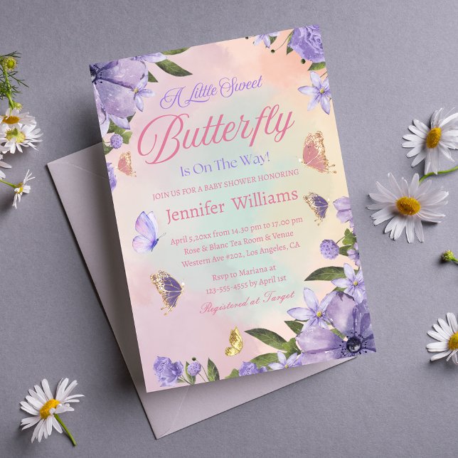 little butterfly pink purple flowers baby shower  invitation (Creator Uploaded)