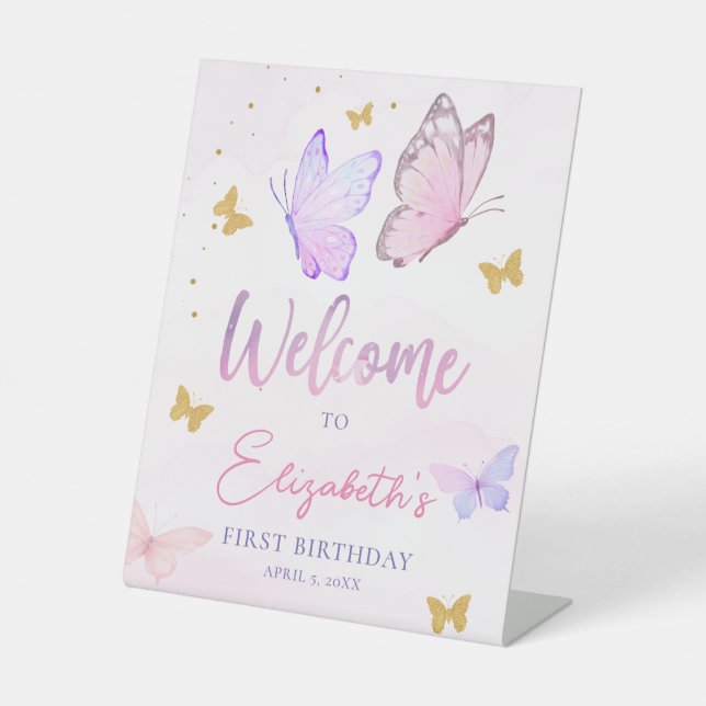 Little Butterfly Pink Purple Girl Birthday Welcome Pedestal Sign (Front)