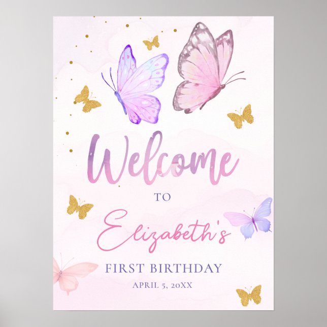 Little Butterfly Pink Purple Girl Birthday Welcome Poster (Front)